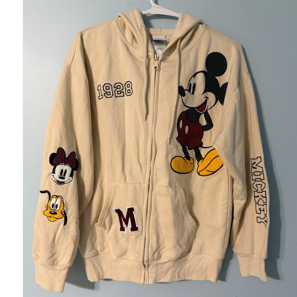 Disney Women's M Mickey Mouse Ivory Zip Up Hoodie Varsity Chenille Patch 0780